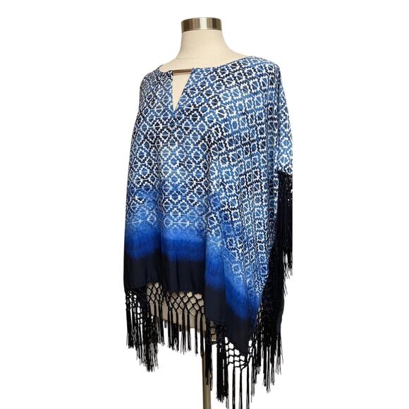 Womens Chico’s Light Weight Poncho Geometric Print with Fringe Blue One Size - Picture 1 of 8